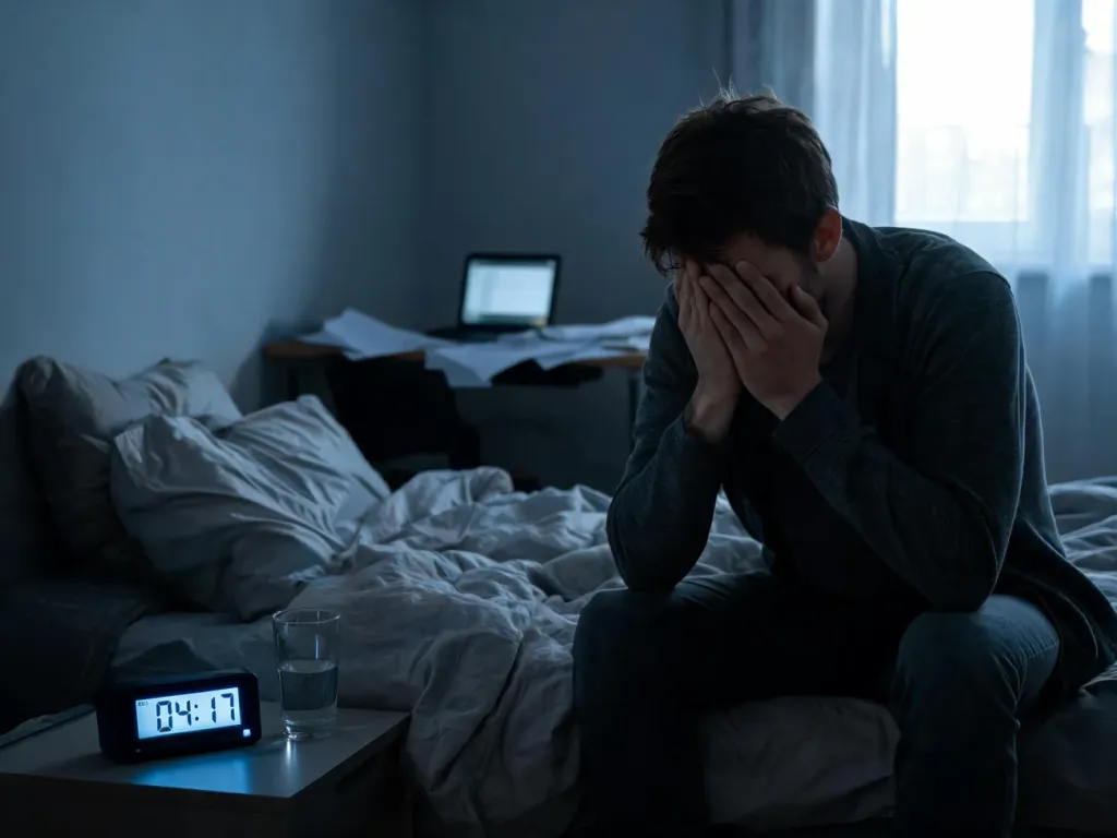 Zmęczony mężczyzna o świcie siedzi na łóżku z głową w dłoniach, obok budzik i laptop sugerujące brak snu i przepracowanie.